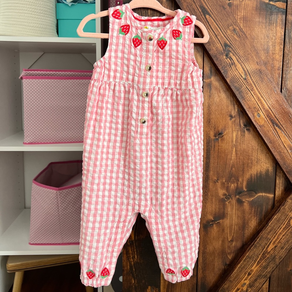 Baby Boden strawberry woven jumpsuit
